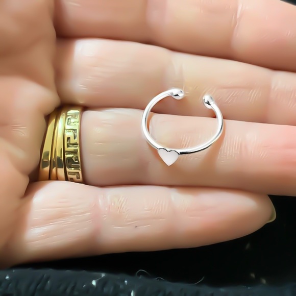 Cute 925 Sterling Silver Double Ball End Adjustable Heart Toe Midi Knuckle Ring - Picture 3 of 13